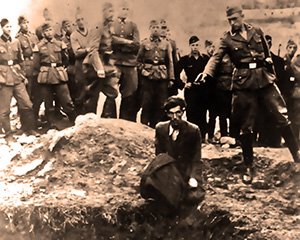 This innocent Ukrainian Jewish man cuts a saddening, haunting figure, captured in time poised in his last brief moment of life before the Nazi Einsatzgruppen executioner will coldly murder him with a single pistol shot to the head at a mass execution of Jews in Ukraine in 1941.