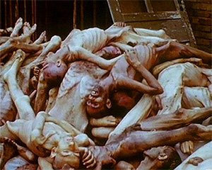 After the liberation of the death camps in 1945, the remaining bodies of the Jewish victims of the Nazi holocaust were abandoned by the retreating Germans.&ensp;The piles of rotting corpses were buried in mass graves in clean up operations afterward.